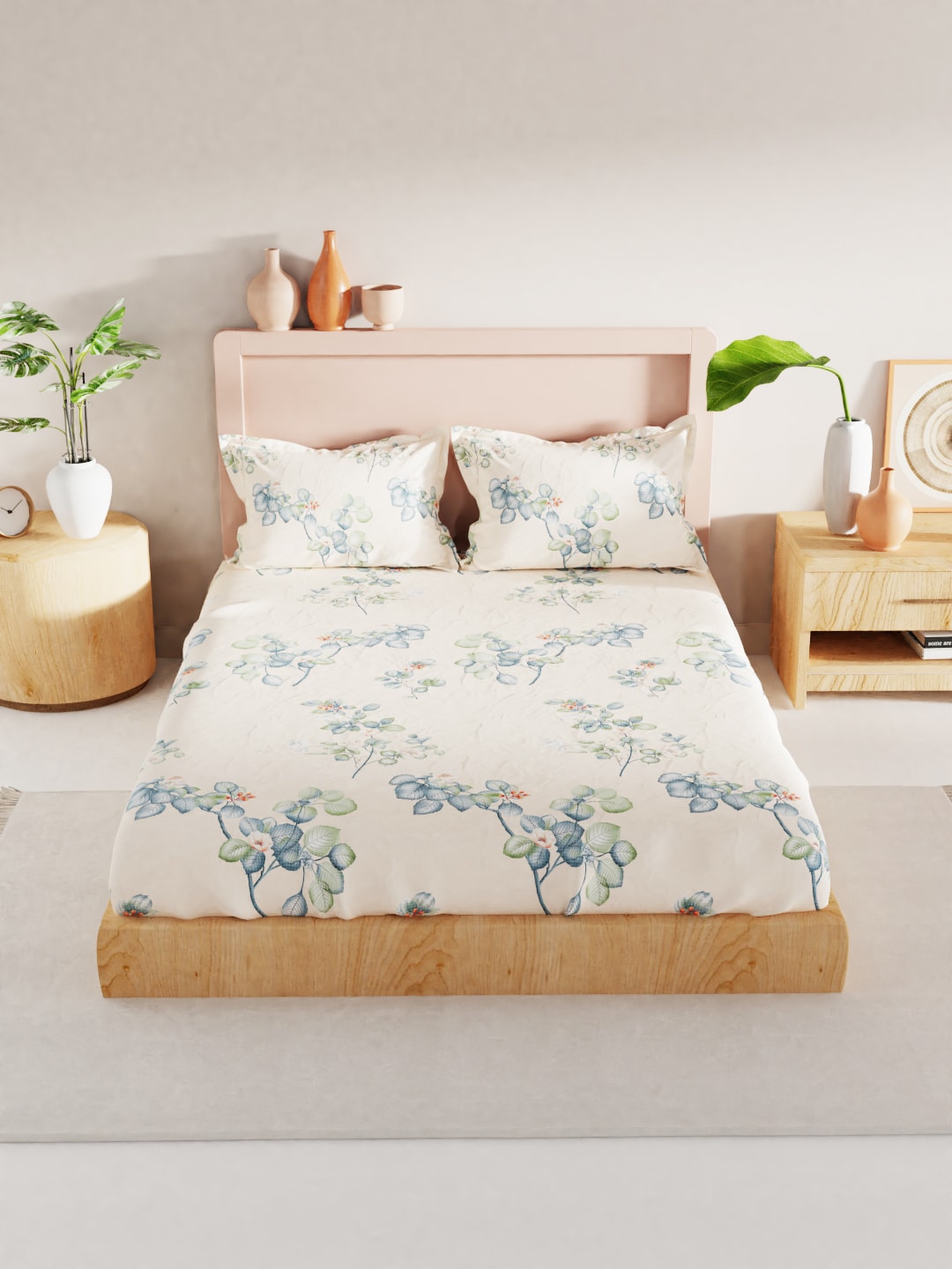 BIANCA Beige & Green Floral 186 TC King Bedsheet with 2 Pillow Covers