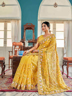 Tikhi Imli Yellow Ethnic Motifs Beads and Stones Embroidered Saree - Distacart