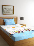 Home Sizzler White & Blue Cartoon Characters 210 TC Single Bedsheet with 1 Pillow Covers - Distacart