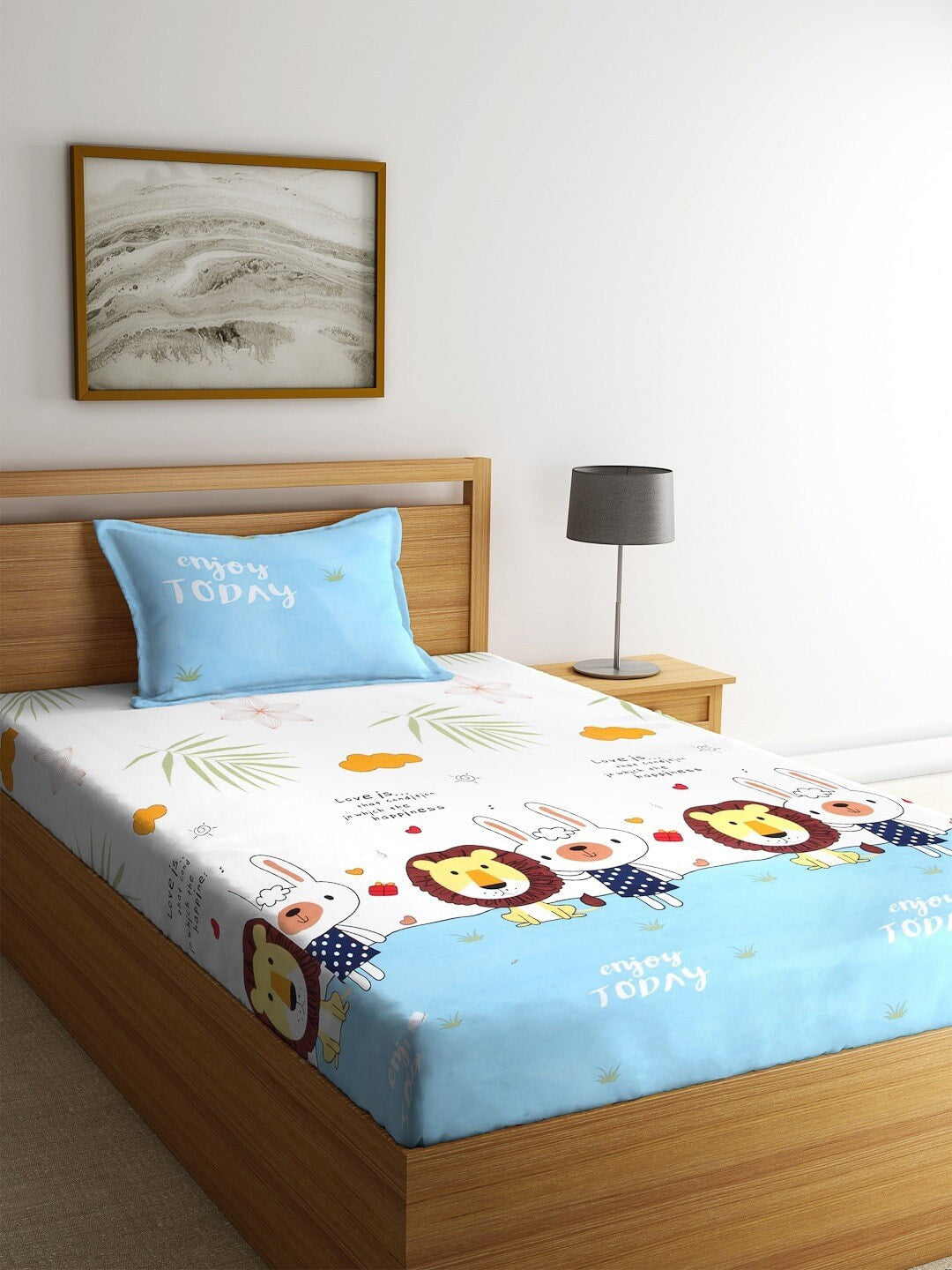 Home Sizzler White & Blue Cartoon Characters 210 TC Single Bedsheet with 1 Pillow Covers - Distacart