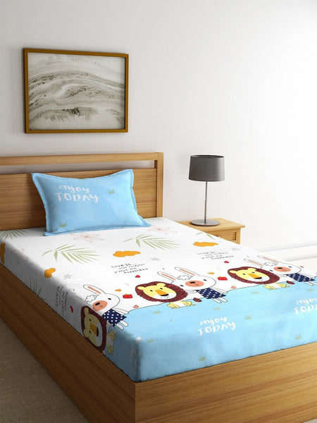 Home Sizzler White & Blue Cartoon Characters 210 TC Single Bedsheet with 1 Pillow Covers