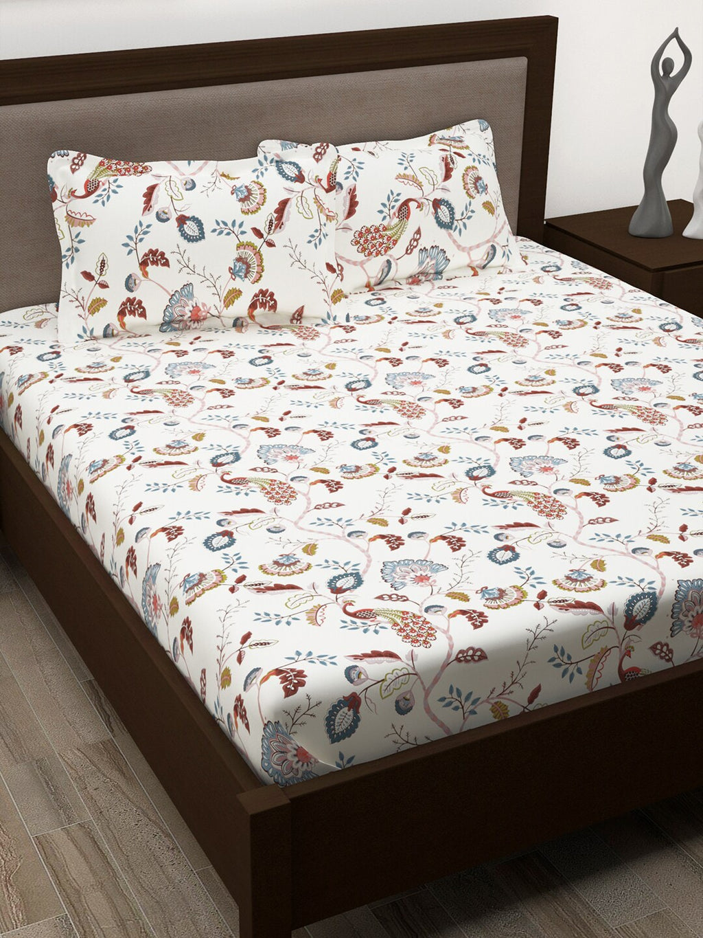 Story@home White & Yellow Ethnic Motifs Cotton 186 TC Queen Bedsheet With 2 Pillow Covers