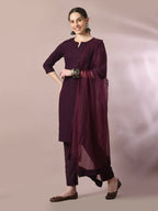 Myshka Women's Magenta Embroidered Cotton Straight Party Kurta Set With Dupatta