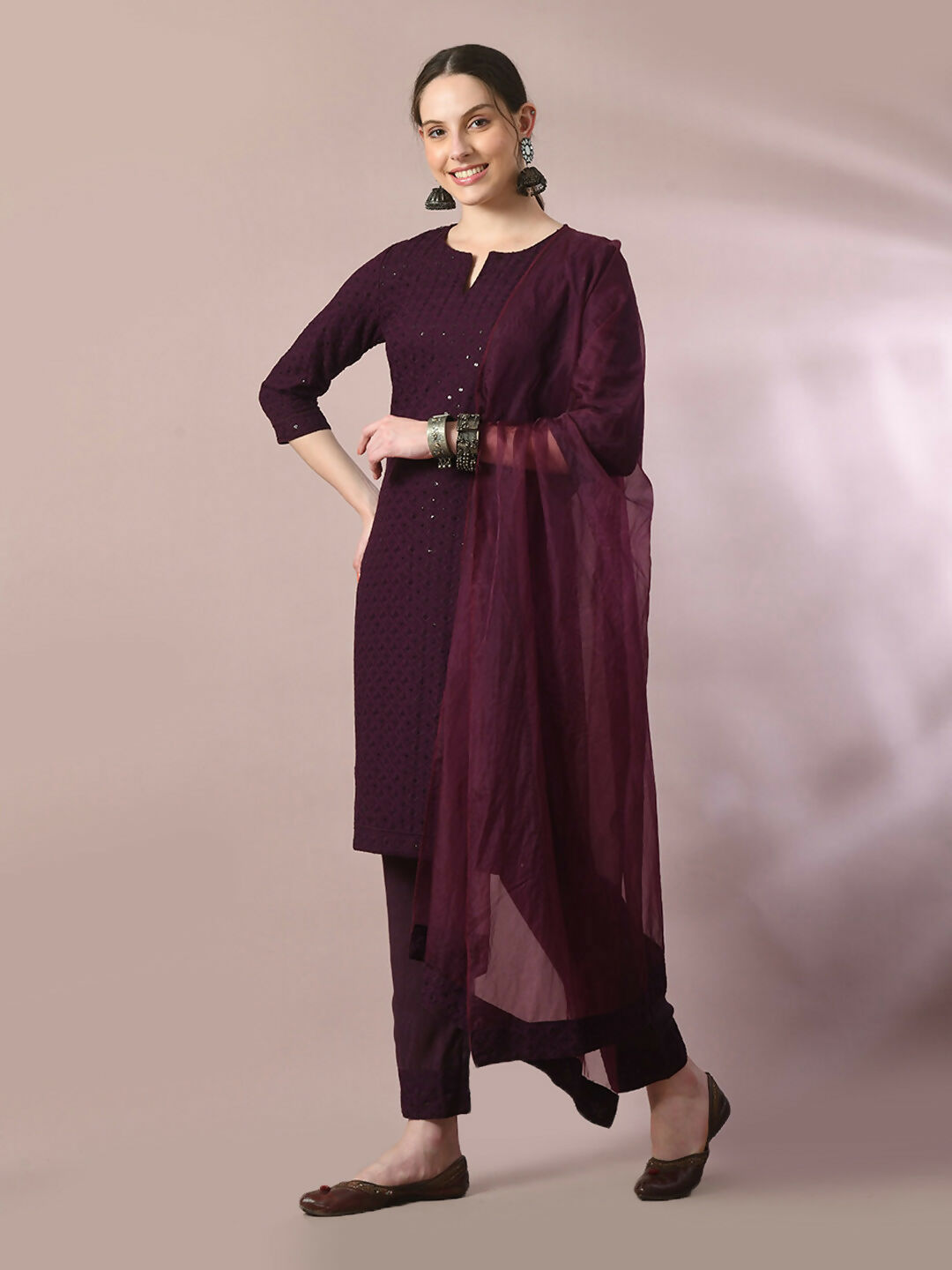 Myshka Women's Magenta Embroidered Cotton Straight Party Kurta Set With Dupatta