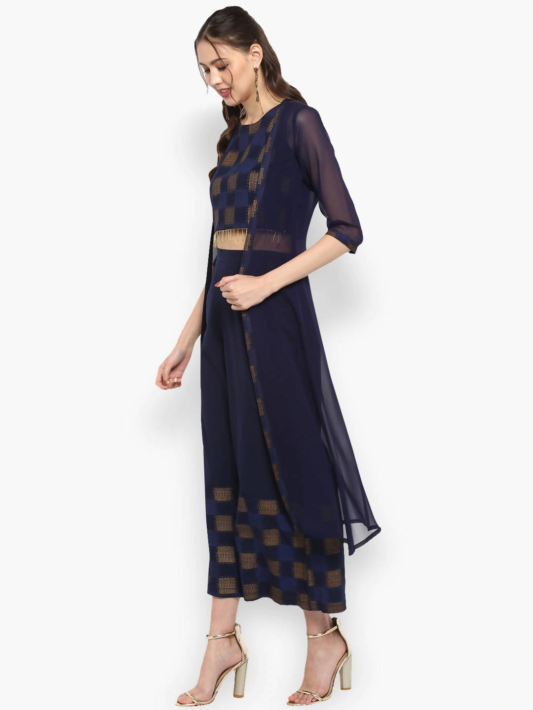 Janasya Navy Blue Printed Top with Palazzos - Distacart