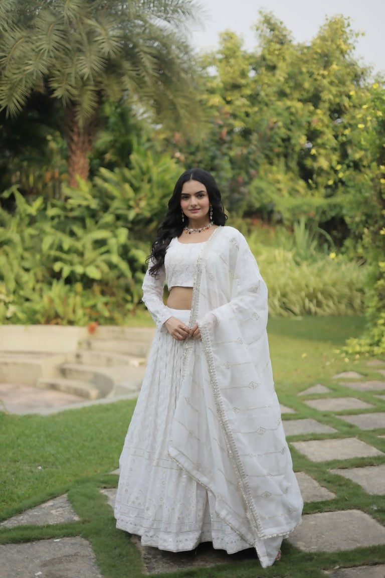 Vastranavya Faux Georgette With Sequins & Thread Embroidered Work Lehenga Choli - White
