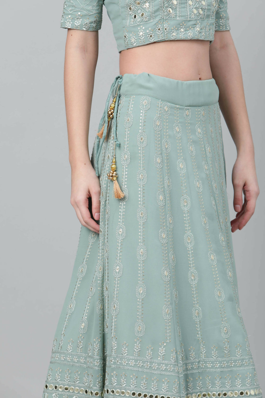 Dusty Green Georgette Sequins Embroidery with Mirror work Lehenga Choli with Dupatta - Jivika