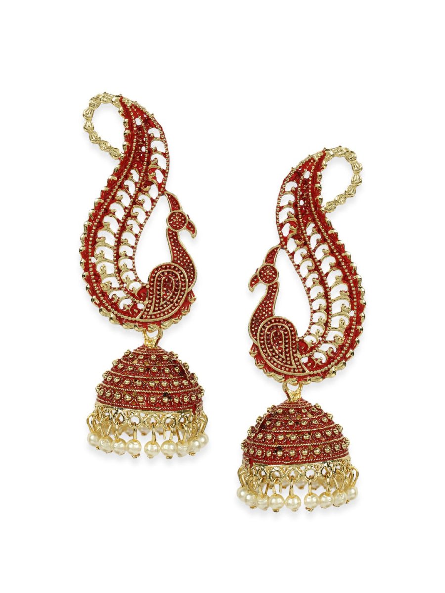 Anikas Creation Red & Gold-Polished Peacock Shaped Jhumkas