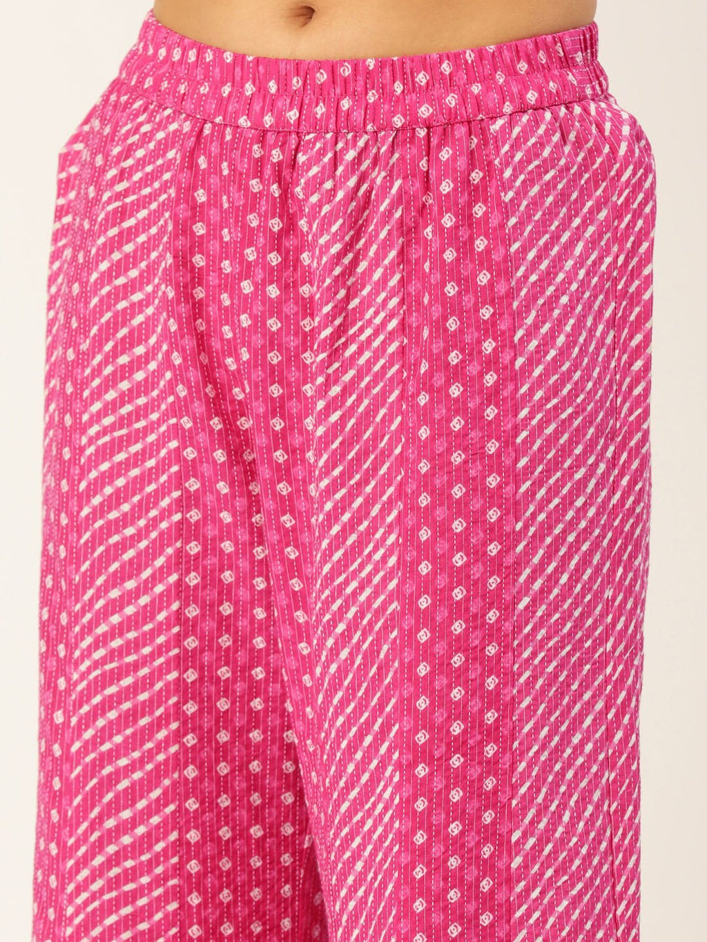 HERE&NOW Women Pink Leheriya Printed Pure Cotton Kurti With Palazzo And Dupatta