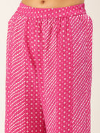 HERE&NOW Women Pink Leheriya Printed Pure Cotton Kurti With Palazzo And Dupatta