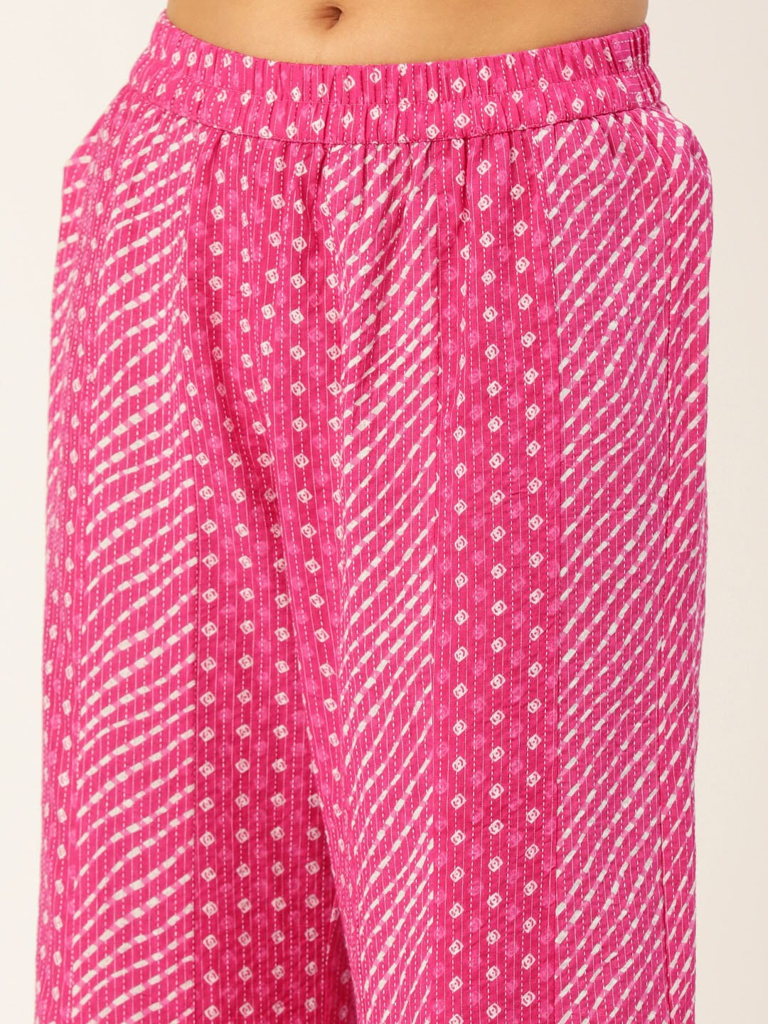 HERE&NOW Women Pink Leheriya Printed Pure Cotton Kurti With Palazzo And Dupatta