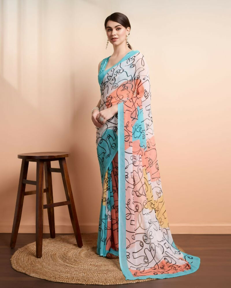 Multi Georgette Designer Printed Party Wear Saree - Cinderella