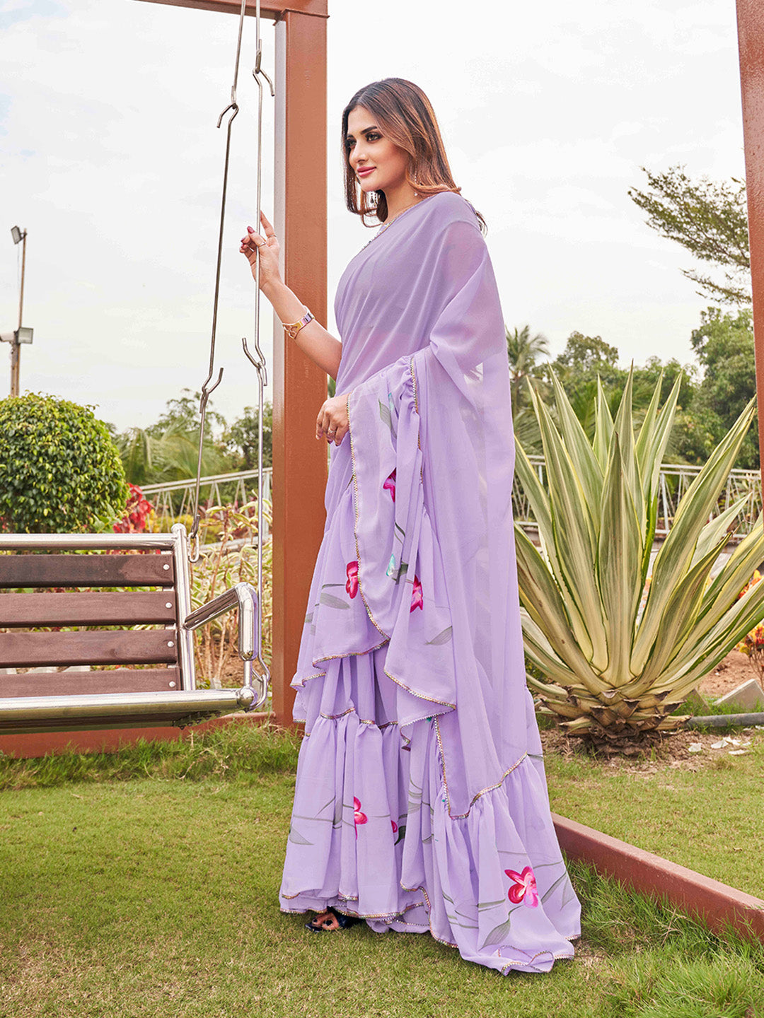 Tikhi Imli Printed Ruffle Saree With Mirror Embroidered Work Blouse - Distacart