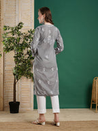 ADA Women Grey & White Chikankari Embroidered Straight Kurta