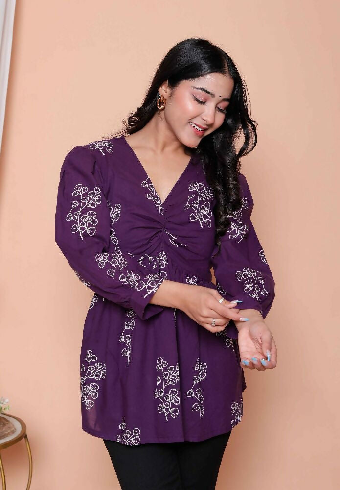 Miravan Womens Cotton Butterfly Style Floral Print V-Neck Top