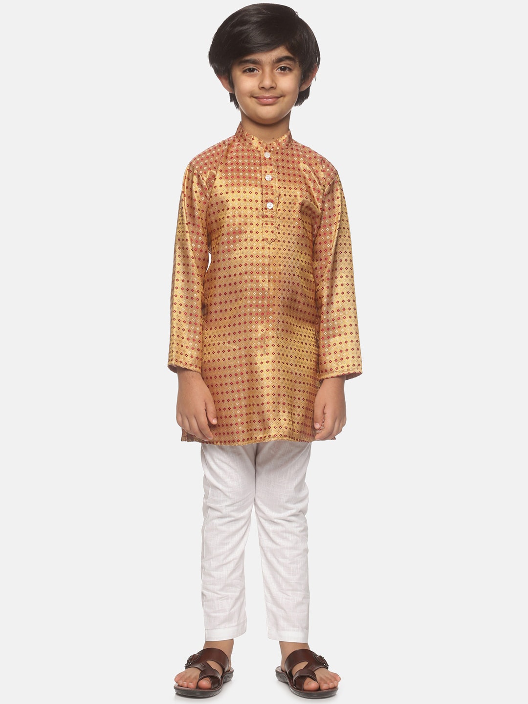 Sethukrishna Boys Gold-Toned & Red Printed Kurta with Pyjamas