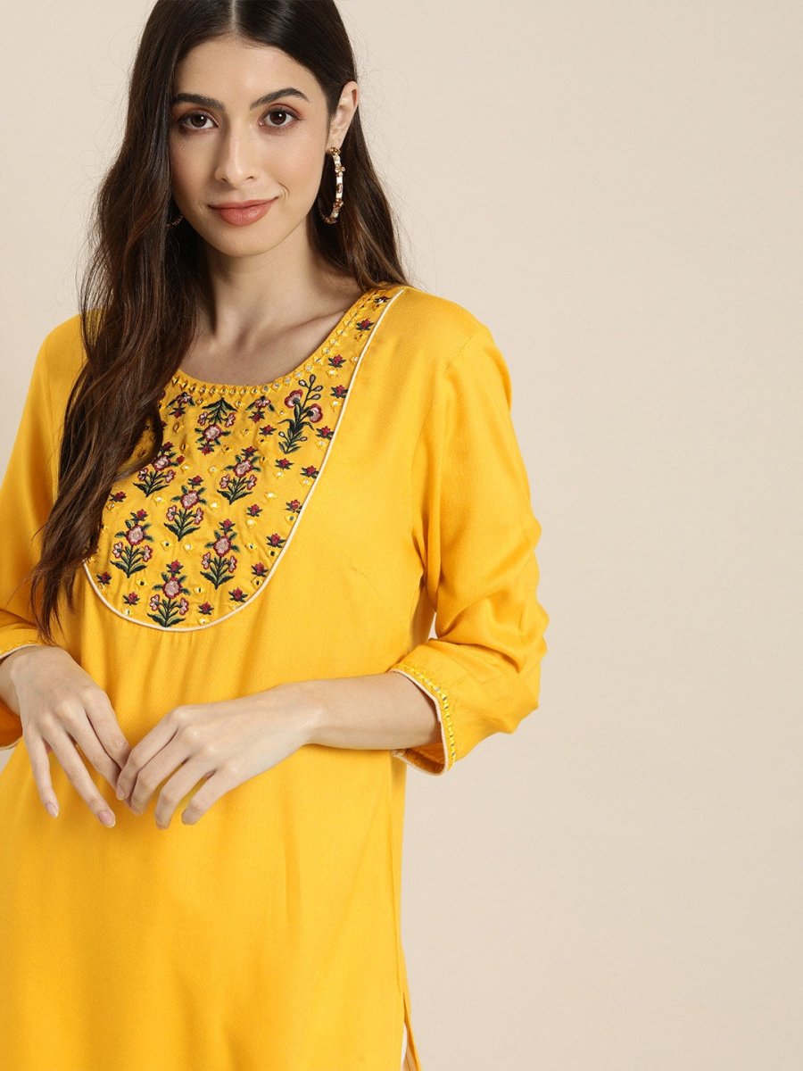 All About You Women Yellow & Beige Embroidered Kurta with Palazzos