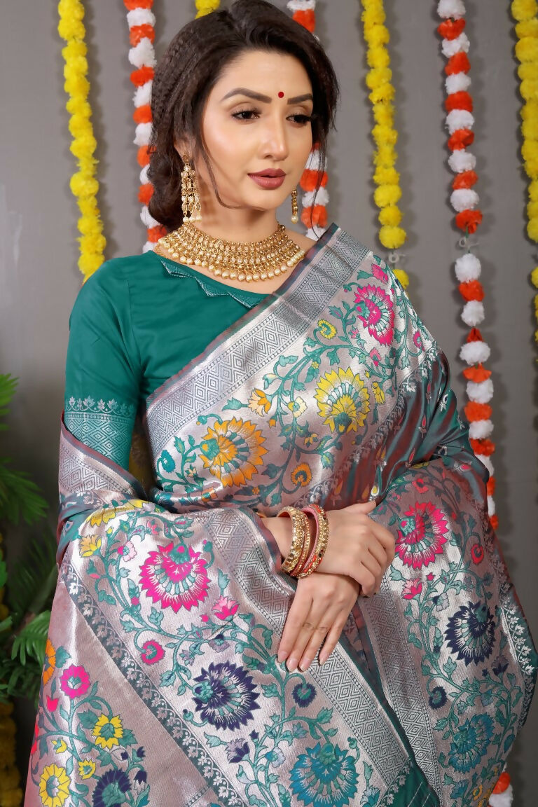 Jyoti Fashion Women's Bottle Green Banarasi Silk Zari Woven Saree with Blouse