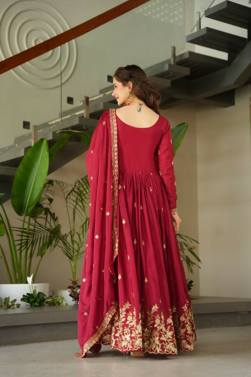 Teeya Creation Maroon Color Chinon Silk Party Wear Long Gown - Distacart