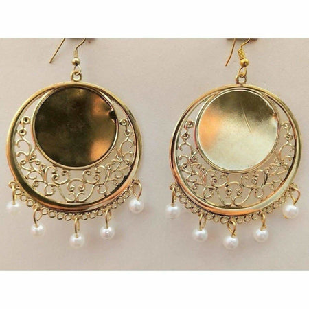 MS Fashion India White Glass Pearl Gold-Polished Mirror Bridal Wear Chandbali Earrings