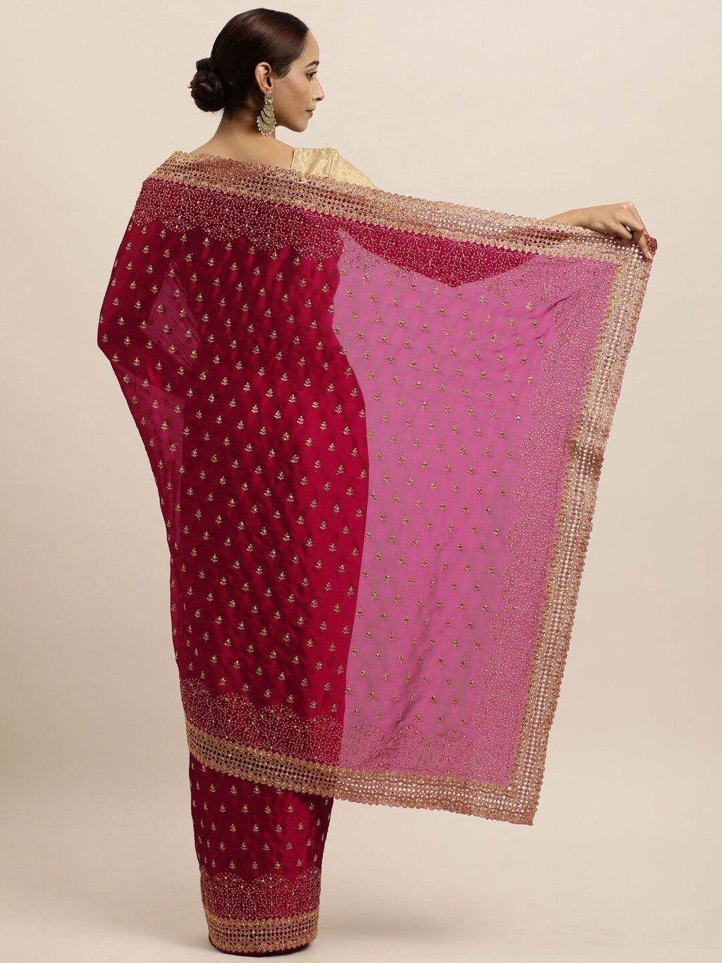 kasee Red & Gold-Toned Floral Embroidered Art Silk Saree