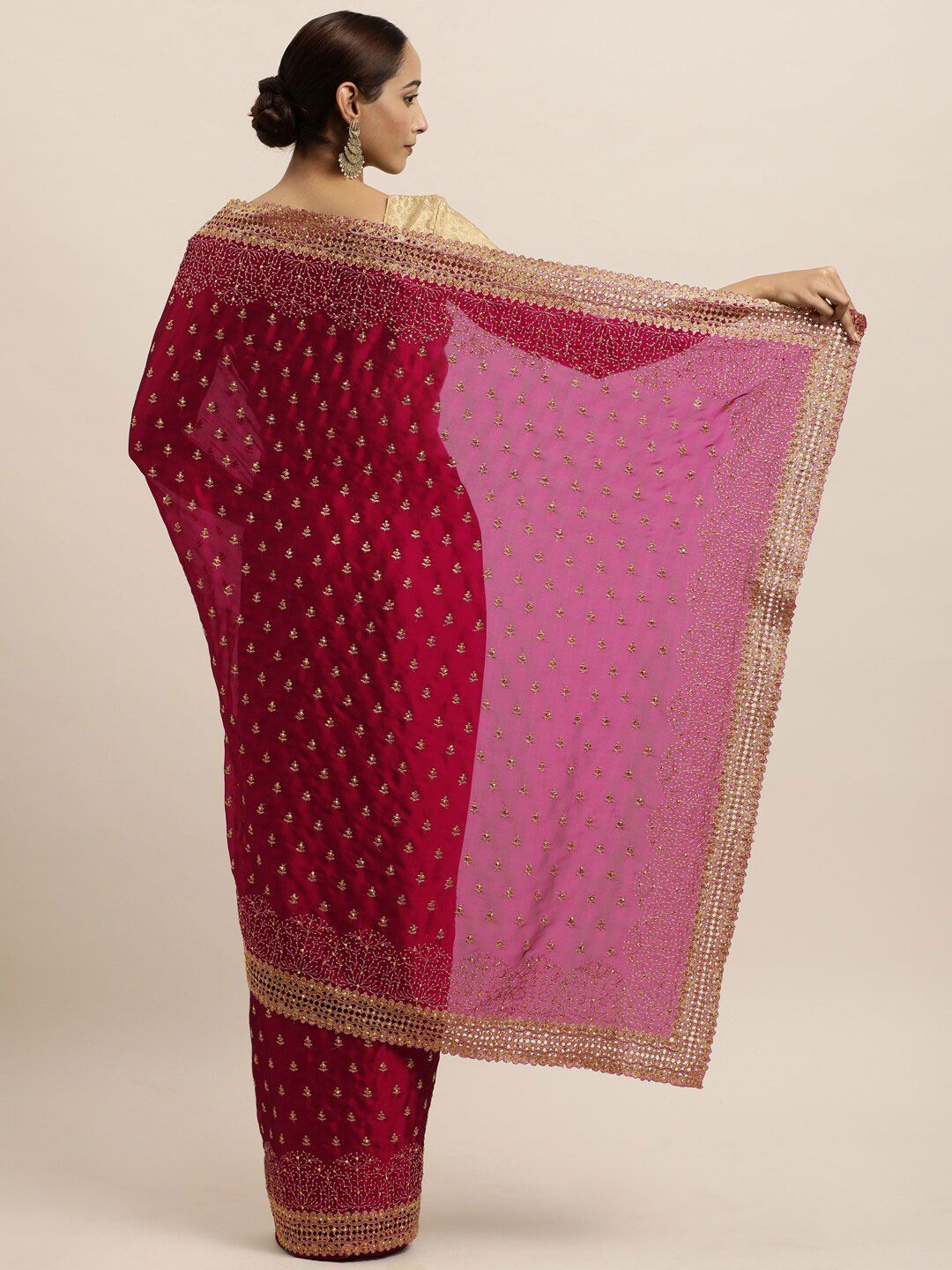 kasee Red & Gold-Toned Floral Embroidered Art Silk Saree