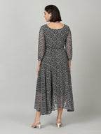 Souchii Women Grey & Black Ethnic Motifs Chiffon A-Line Midi Dress - Distacart