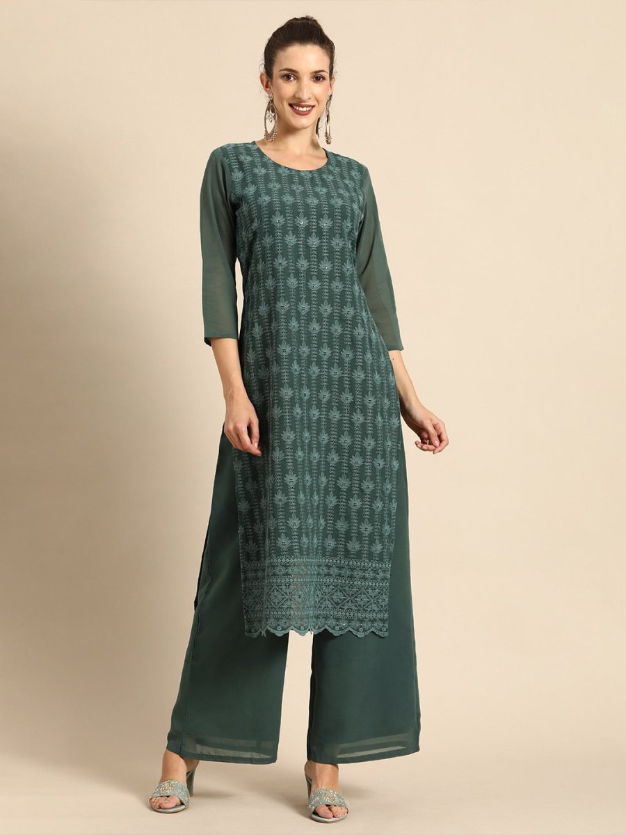 All About You Women Green Ethnic Motifs Embroidered Regular Chikankari Kurta with Palazzos