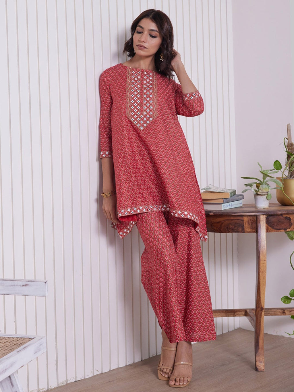HERE&NOW Embroidered Ethnic Motifs Printed Mirror Work Asymmetric Kurti with Palazzos