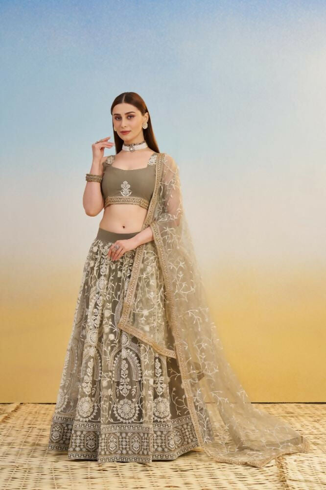 Aastha Fashion Ivory Butterfly Net White Cotton Thread Work And Sequence Work Embroidery Wedding Wear Lehenga Choli