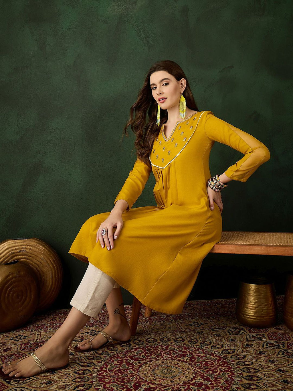 Sangria Floral Embroidered Thread Work Cotton A-Line Kurta - Distacart