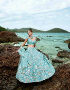 House of Panchhi Sky Blue Organza Sequins, Zarkan And Thread Embroidery Lehenga Choli & Dupatta