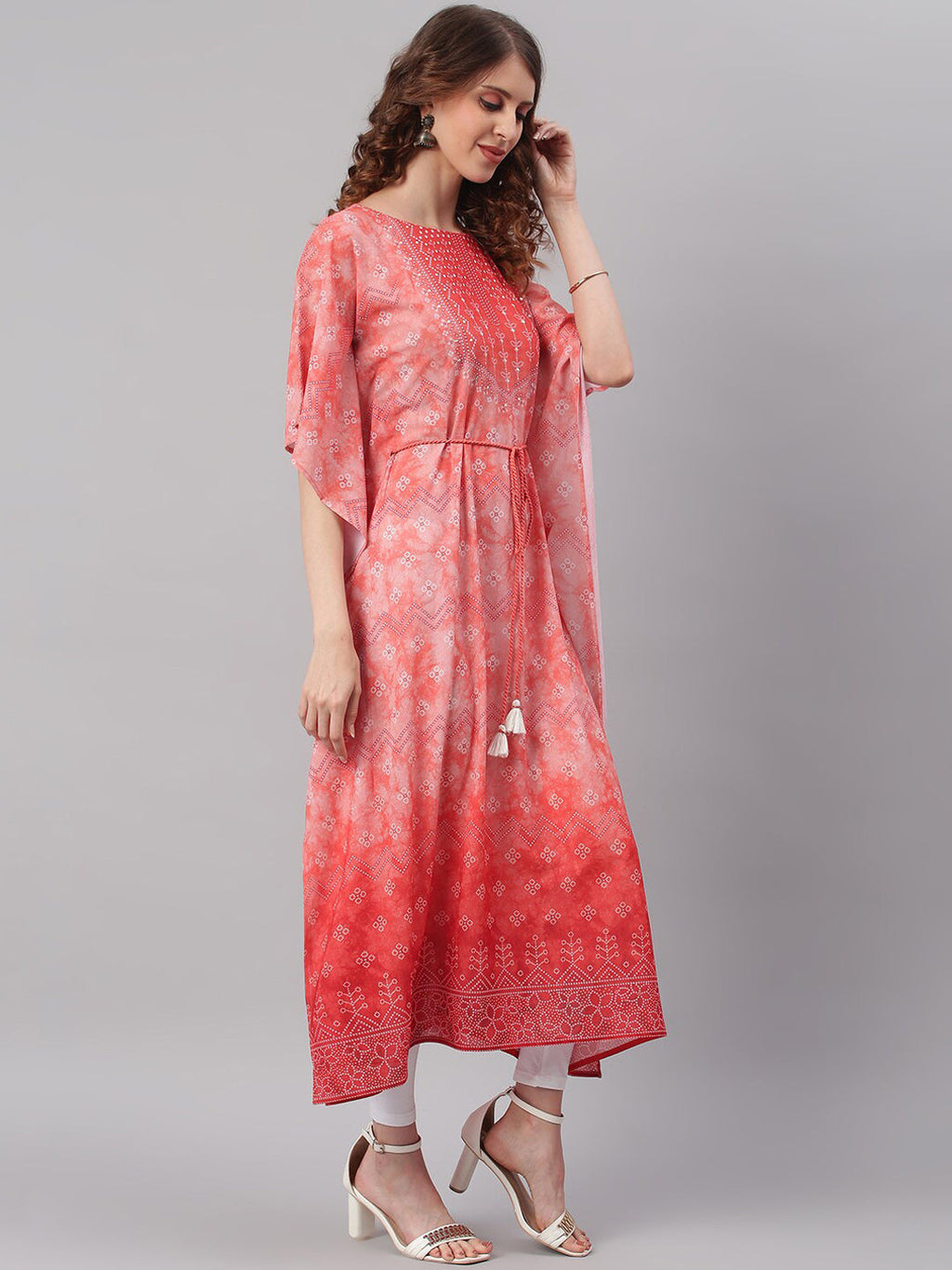 Janasya Peach-Coloured Ethnic Motifs Dyed Thread Work Georgette Kaftan Kurta - Distacart