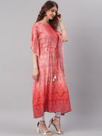 Janasya Peach-Coloured Ethnic Motifs Dyed Thread Work Georgette Kaftan Kurta - Distacart