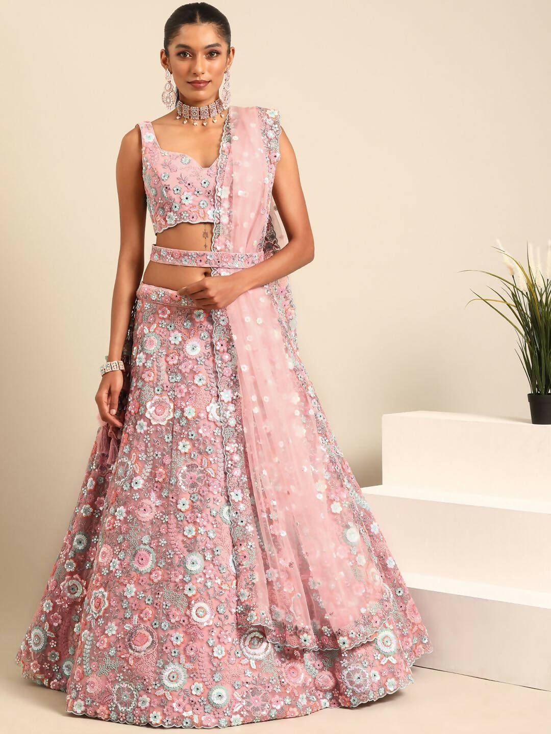 House of Panchhi Pink Net Sequins, Mirror and thread embroidery Lehenga choli & Dupatta