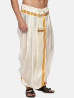 Sethukrishna Men Cream-Coloured & Gold-Coloured Solid Art Silk Dhoti Pants - Distacart