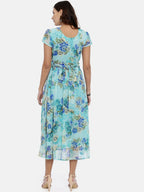 Souchii Sea Green & Blue Floral Printed A-Line Dress - Distacart