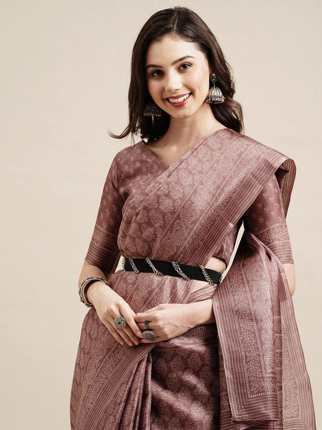Saree Mall Mauve & White Floral Art Silk Sarees