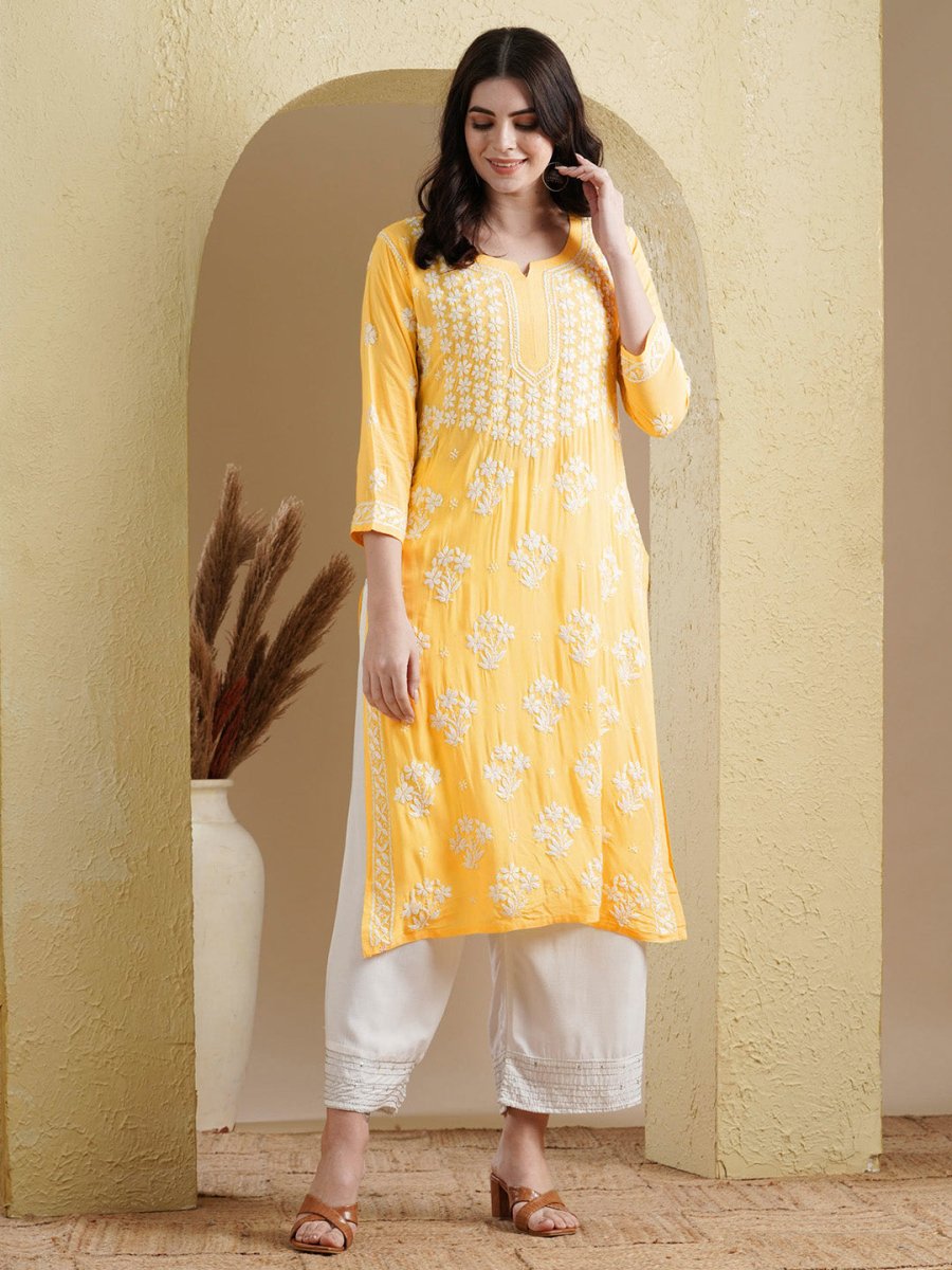 ADA Floral Lucknowi Chikankari Straight Kurta