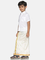 Sethukrishna Boys White & Gold Solid Pure Cotton Shirt & Veshti Set