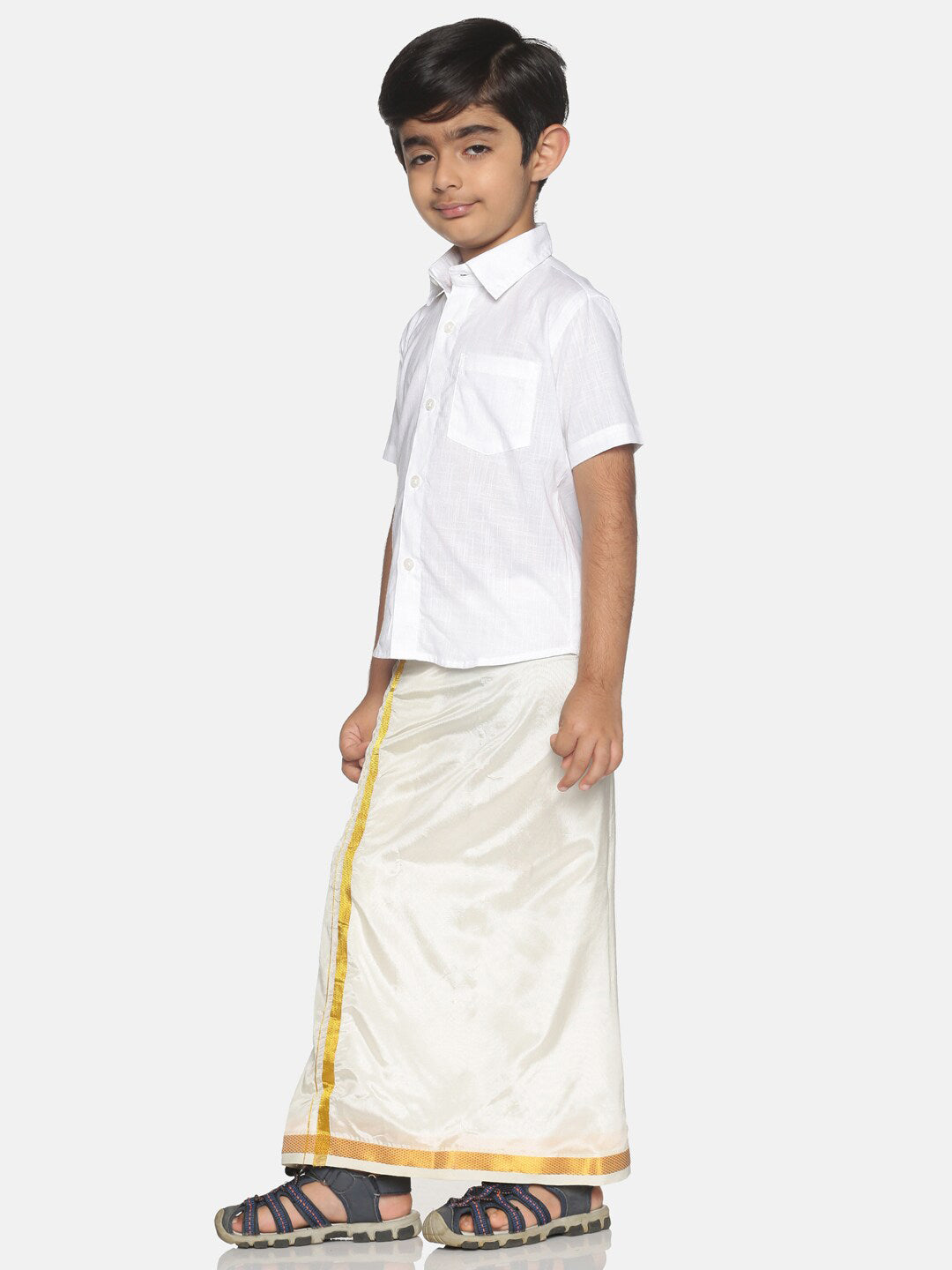Sethukrishna Boys White & Gold Solid Pure Cotton Shirt & Veshti Set