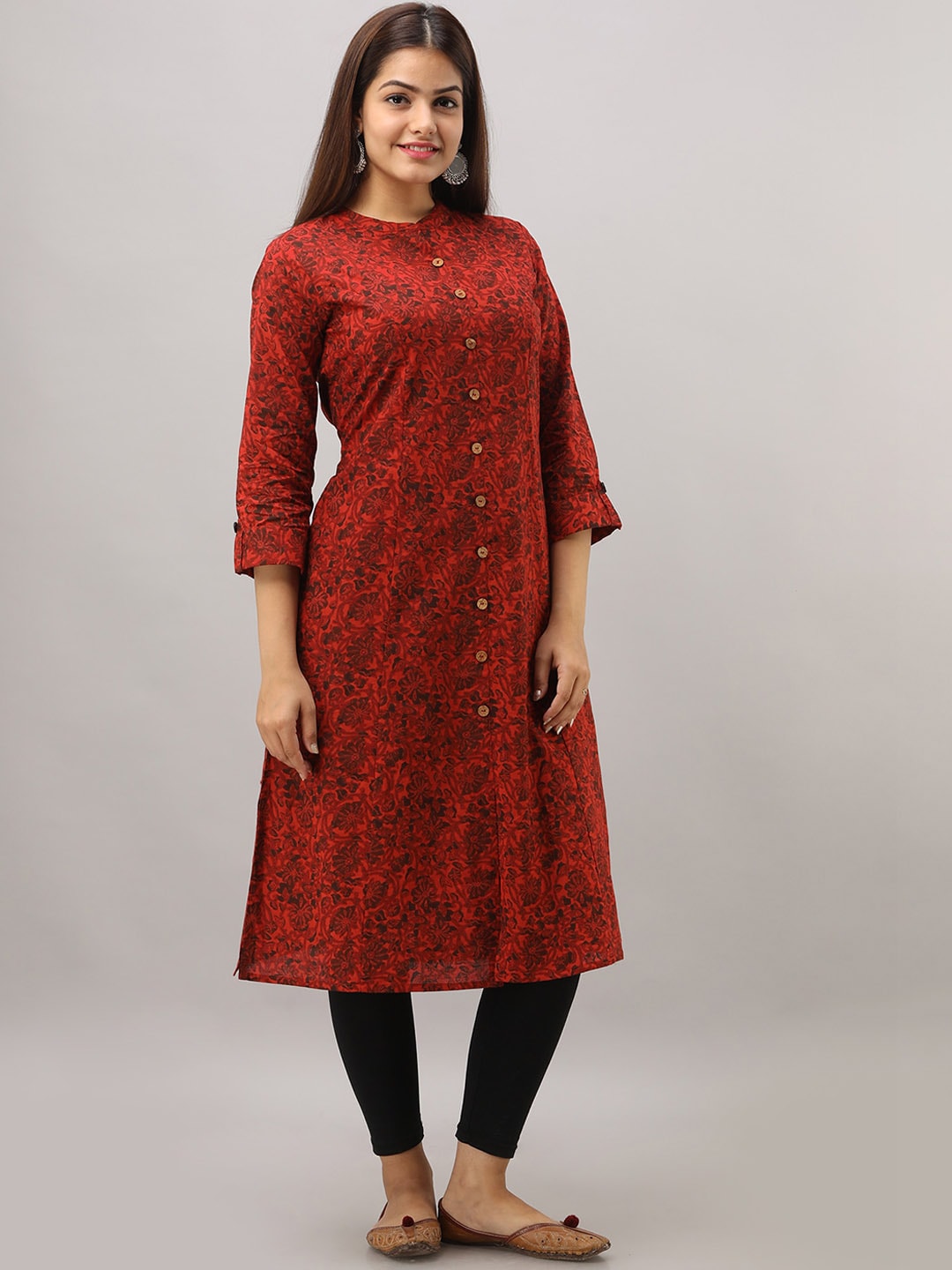 HERE&NOW Maroon Mandarin Collar Floral Straight A-Line Kurta