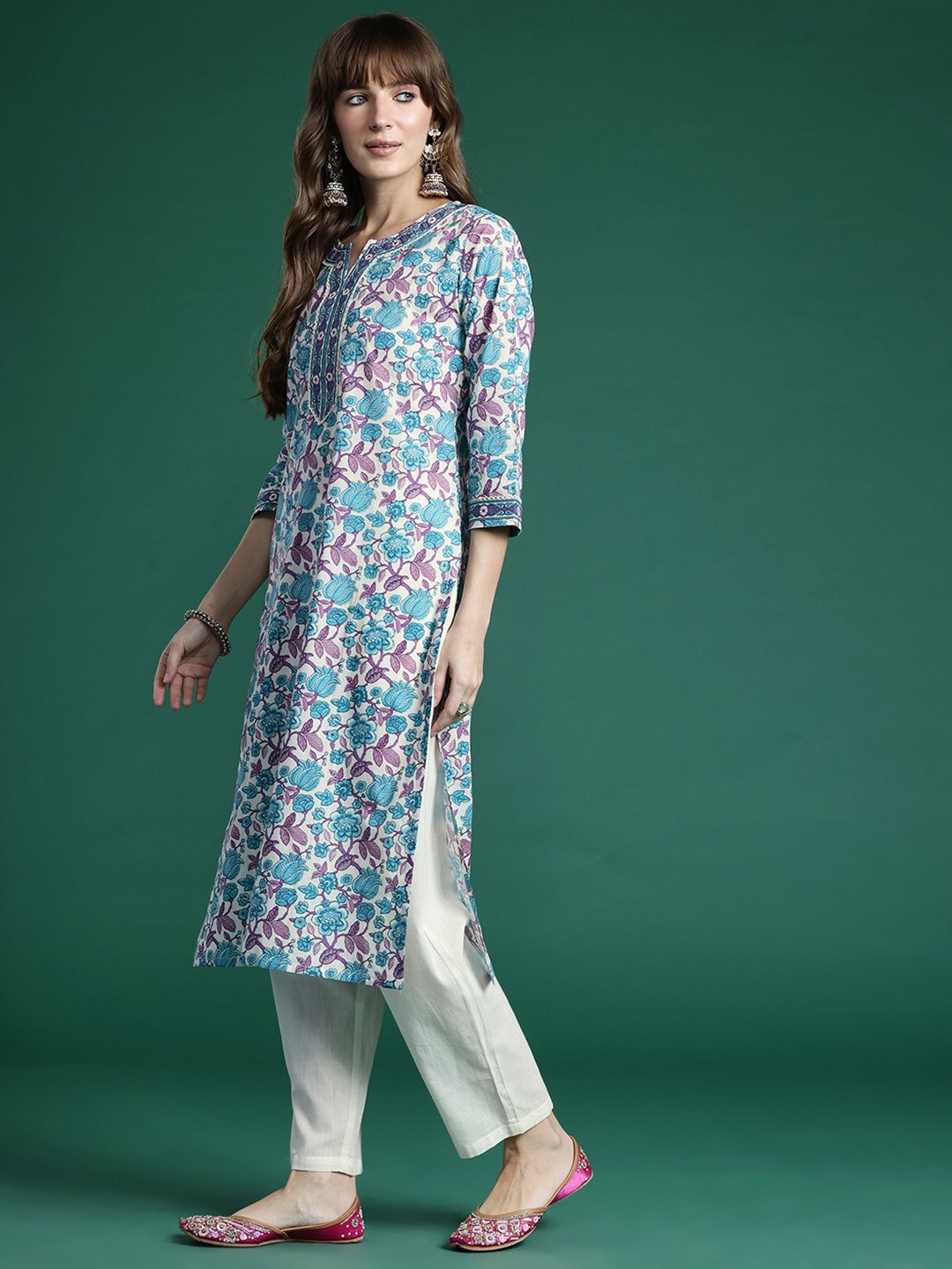 Indo Era Floral Printed Regular Pure Cotton Kurta with Trousers & Dupatta - Distacart