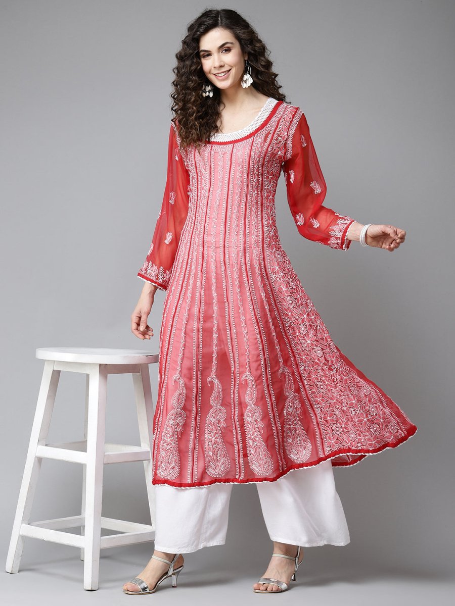 ADA Women Red & White Ethnic Motifs Embroidered Chikankari Georgette Kurta