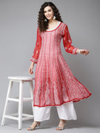 ADA Women Red & White Ethnic Motifs Embroidered Chikankari Georgette Kurta