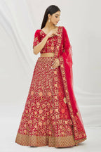 Red Velvet Semi-Stitched Wedding Bridal Lehenga - Nimaya
