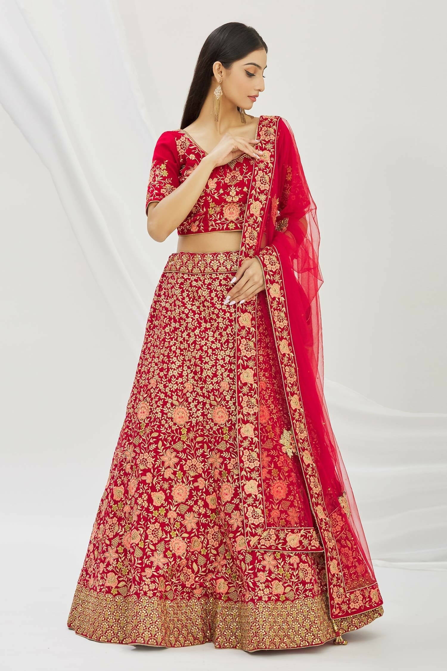Red Velvet Semi-Stitched Wedding Bridal Lehenga - Nimaya