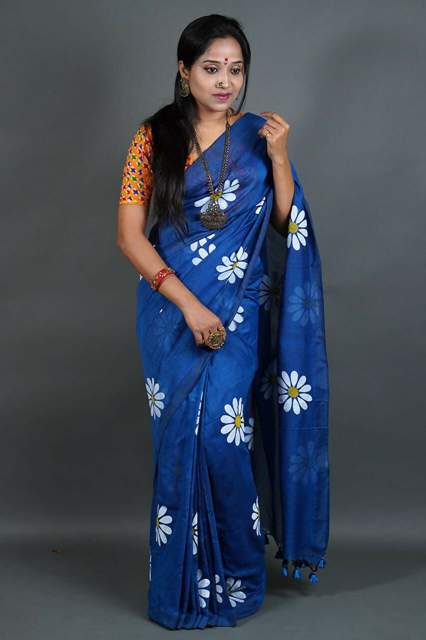 Exclusive Collection Blue Pure Cotton Saree With Sunflower Design - Distacart