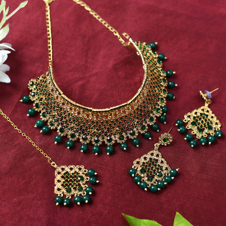 Mominos Fashion Johar Kamal Traditional Rajwadi Design Heavy Golden/Green Color Necklace Set