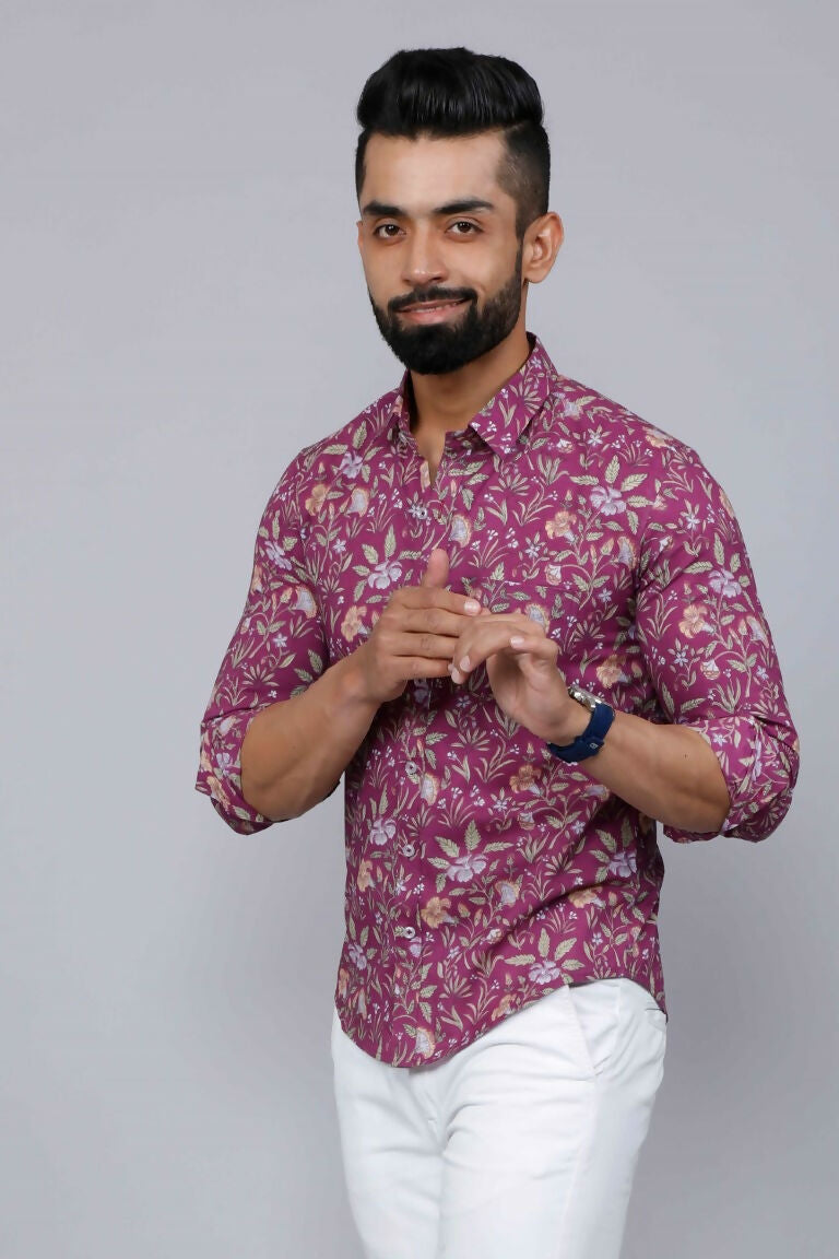 Miravan Men's Purple Comfort Foral Printed Casual Cotton Shirt